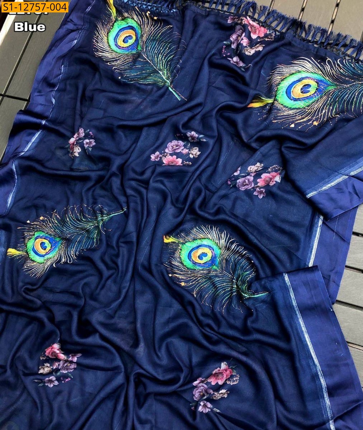 Blue Fancy Moss chiffon peacock saree