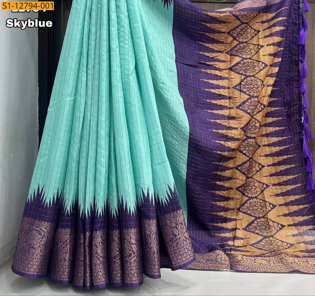 Sky Blue Soft chanderi checks weaved saree