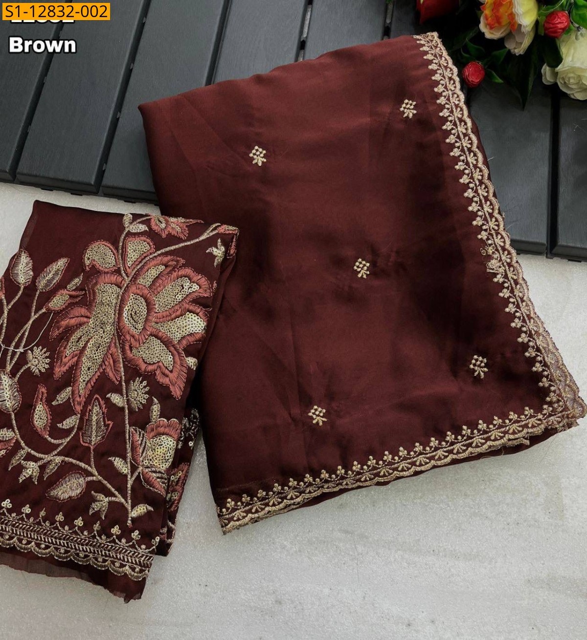 Brown Fancy georgette embroidery work saree 