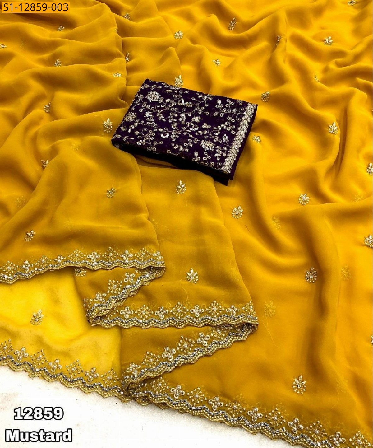 Mustard Georgette embroidery worked saree