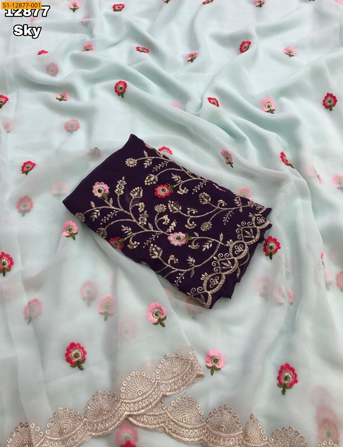 Sky Blue Georgette floral embroidery sarees