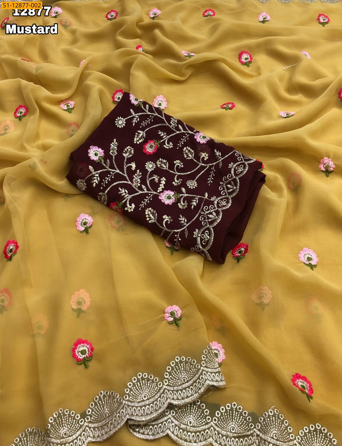 Mustard Georgette floral embroidery sarees