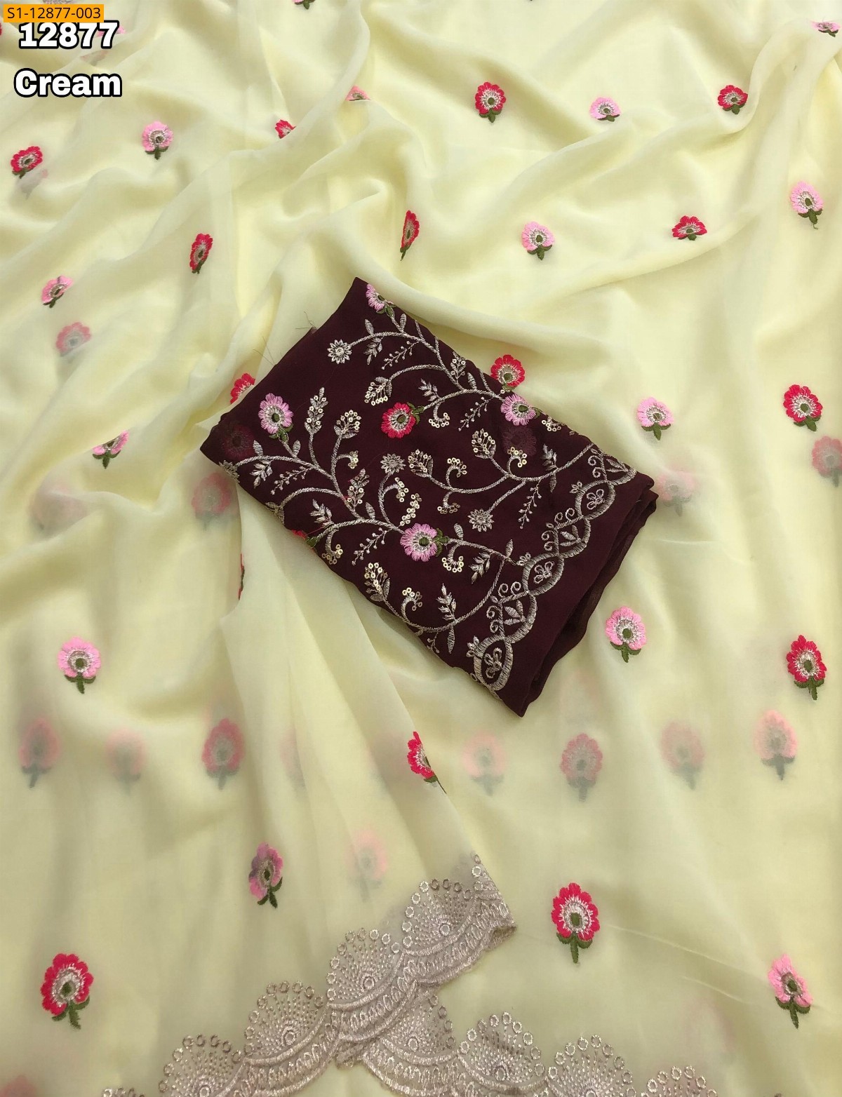 Cream Georgette floral embroidery sarees