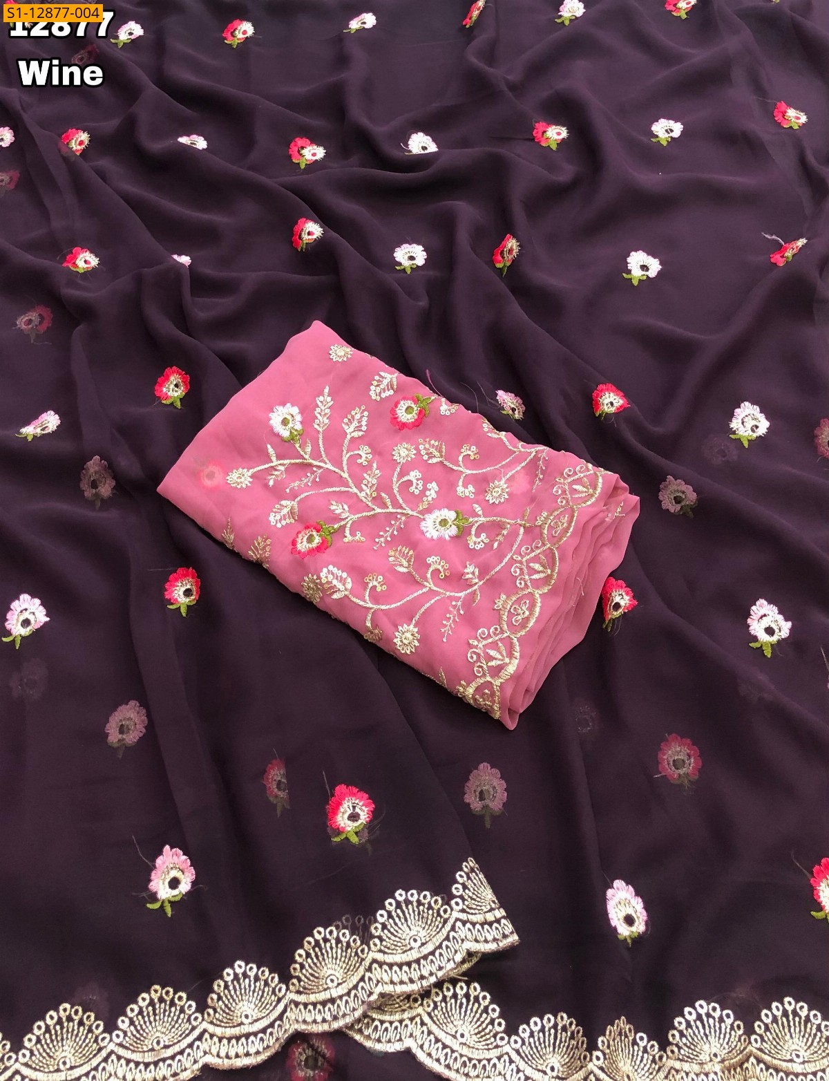 Wine Georgette floral embroidery sarees