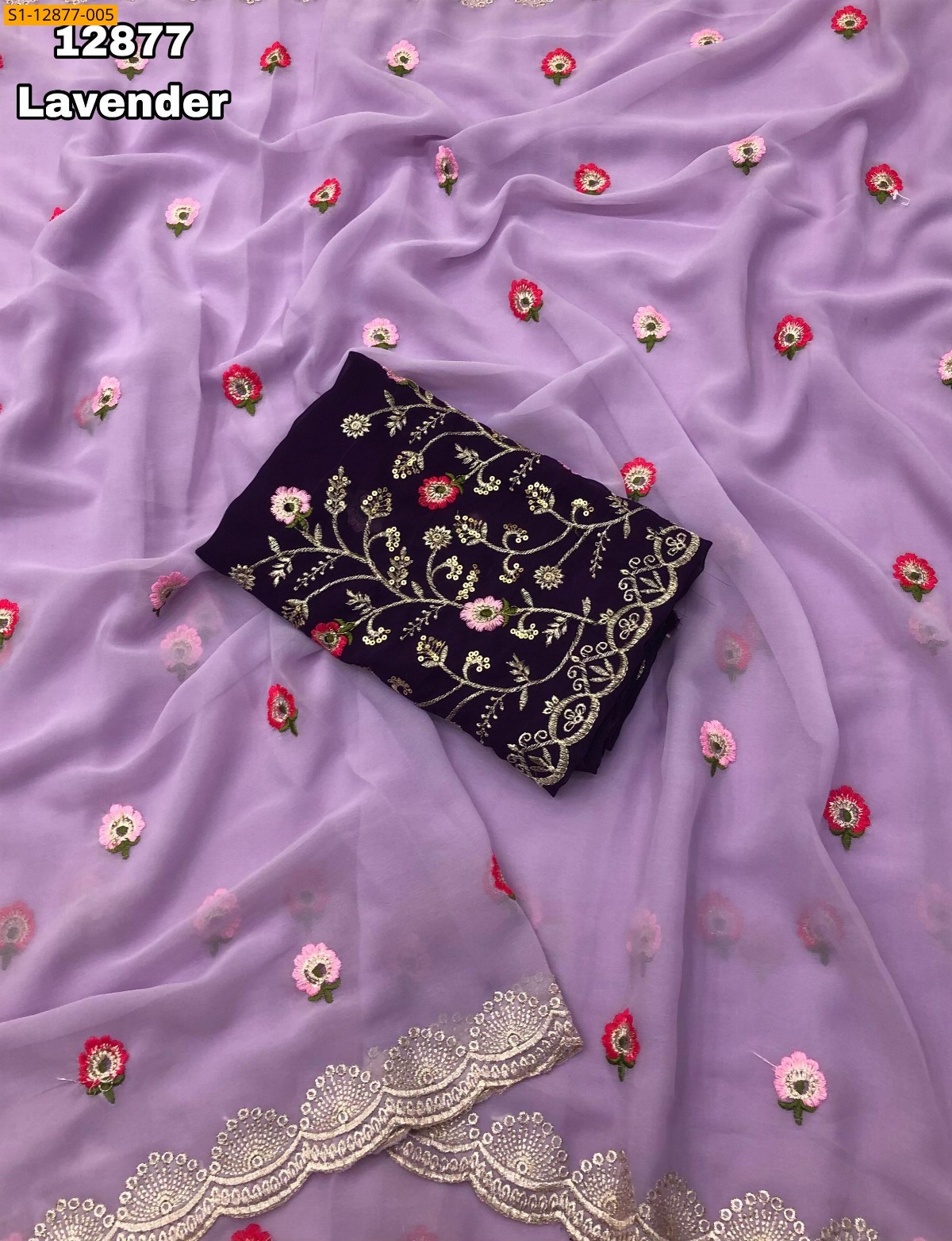 Lavender Georgette floral embroidery sarees
