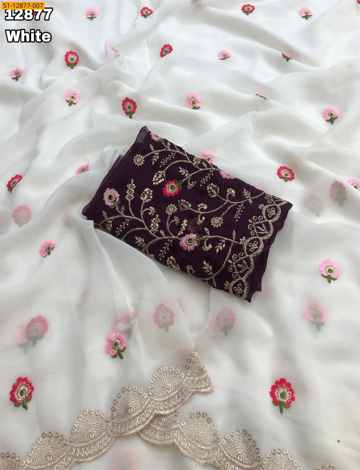 White Georgette floral embroidery sarees