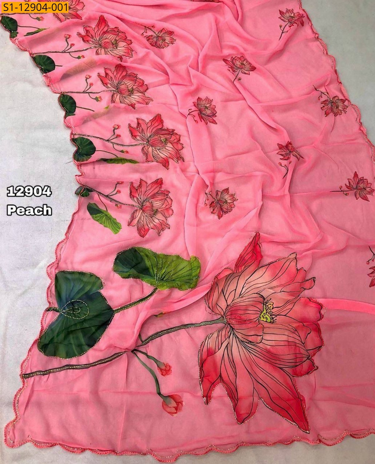 Peach Chiffon floral print Saree