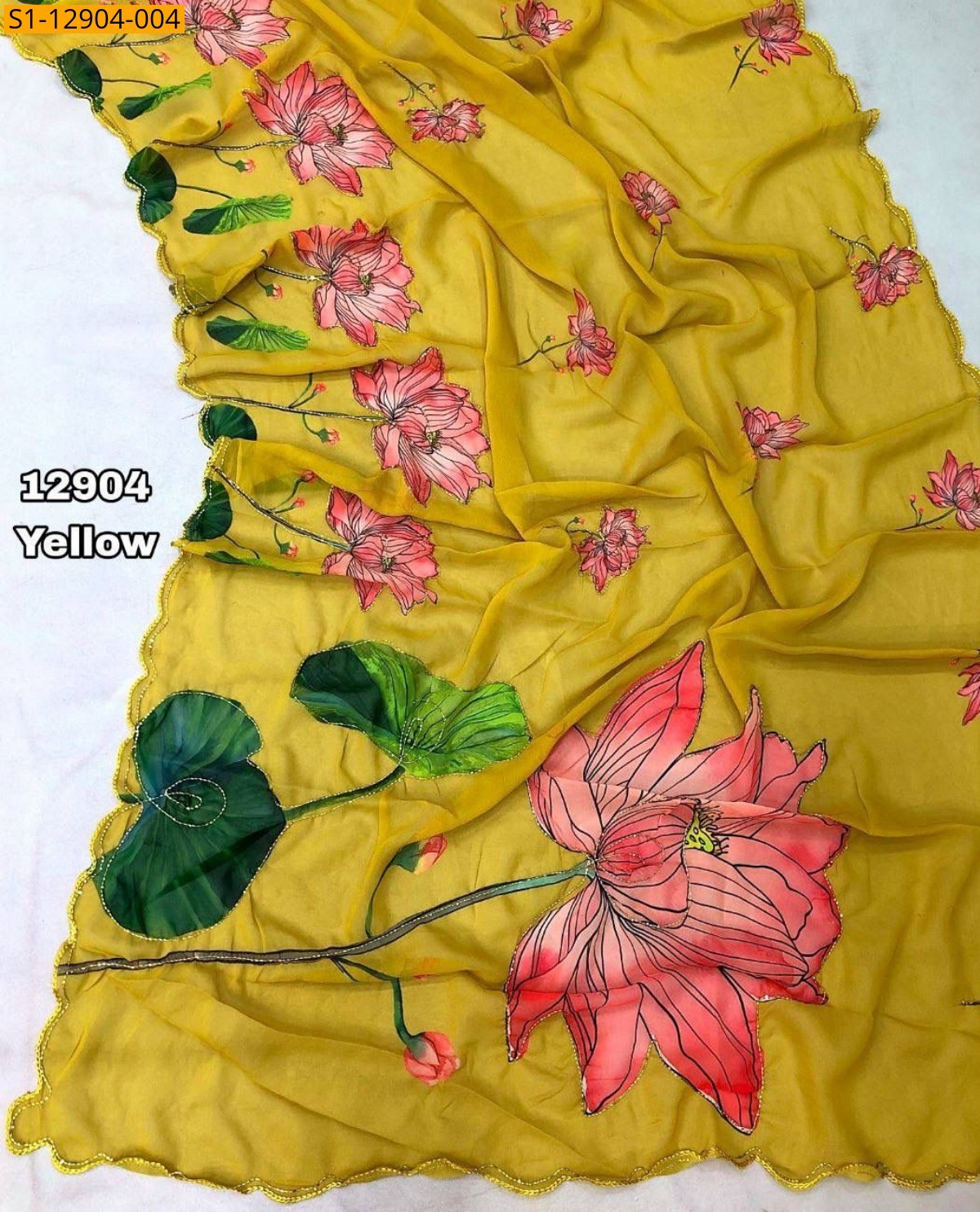 Yellow Chiffon floral print Saree