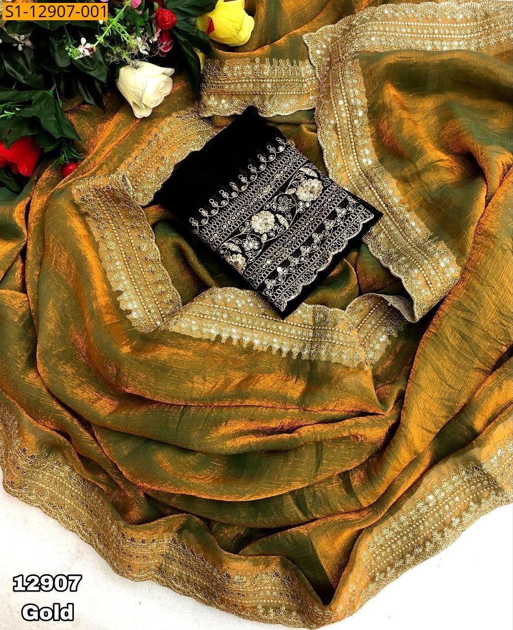 Gold Fendy chiffon golden saree