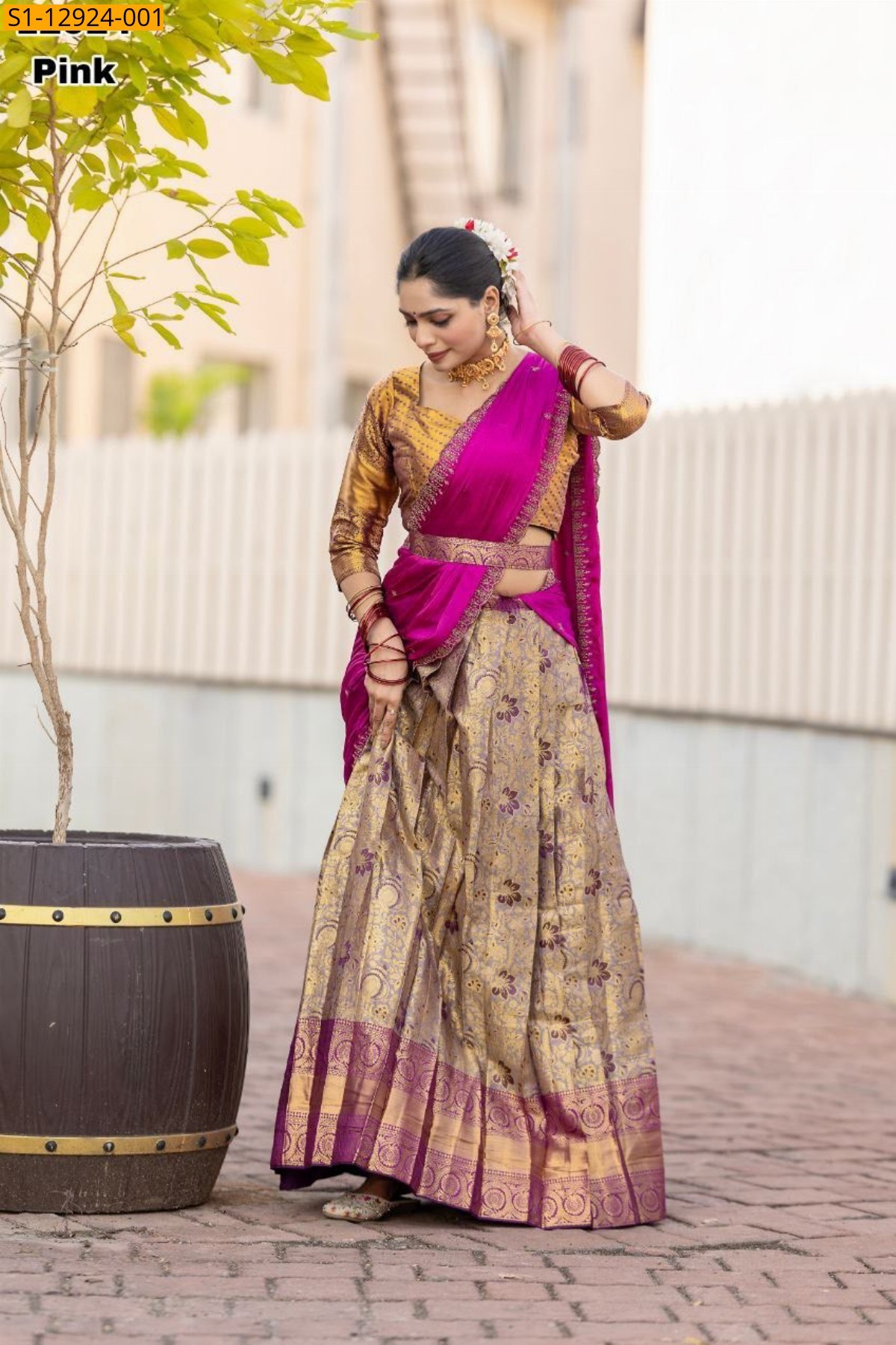 Pink Kanjivaram silk zari weaved lehenga saree