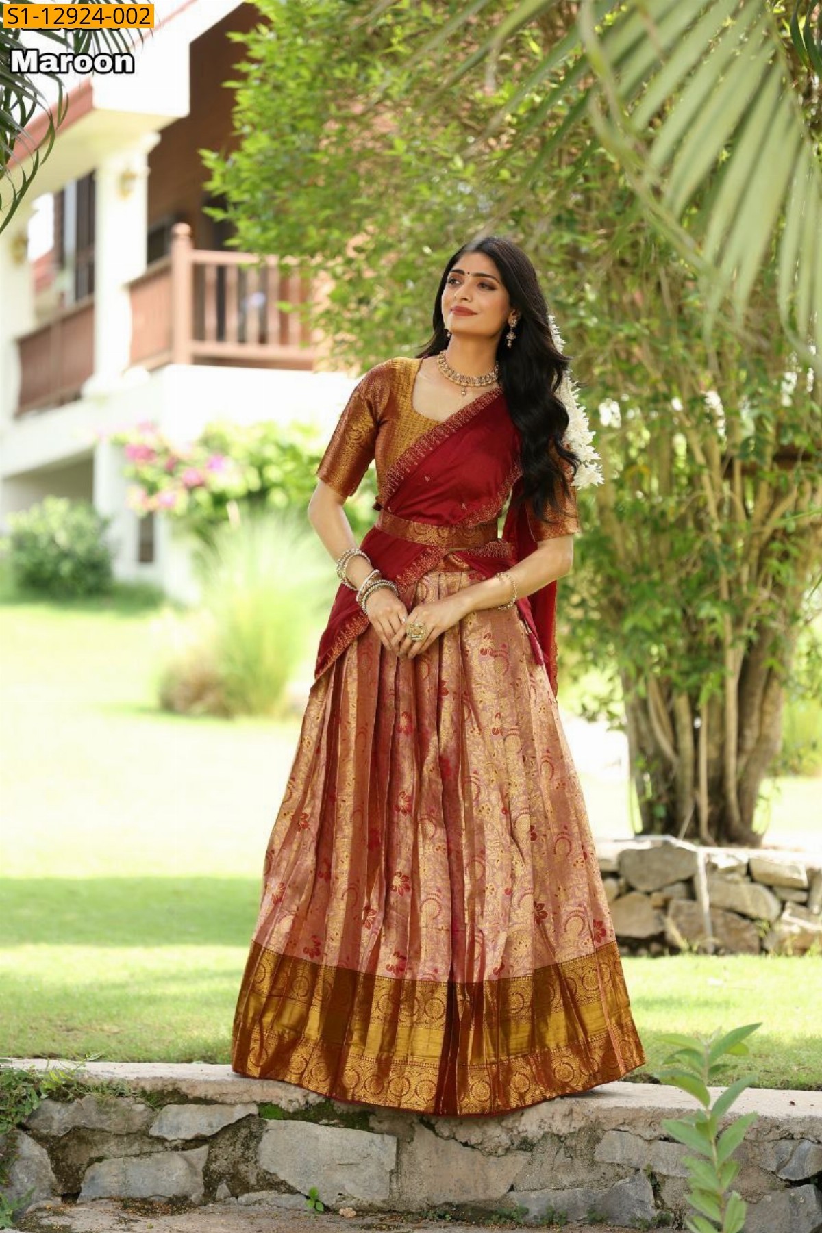 Maroon Kanjivaram silk zari weaved lehenga saree