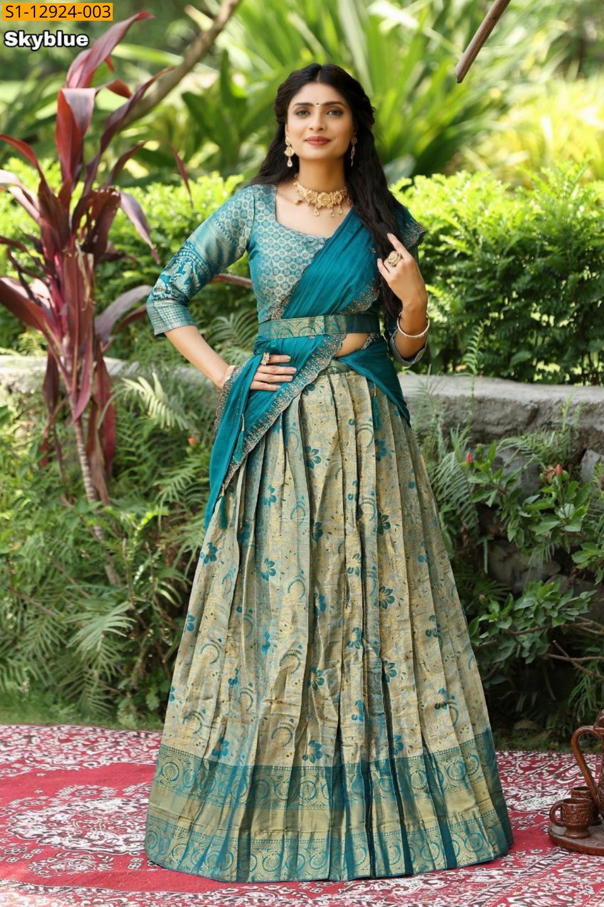Sky Blue Kanjivaram silk zari weaved lehenga saree