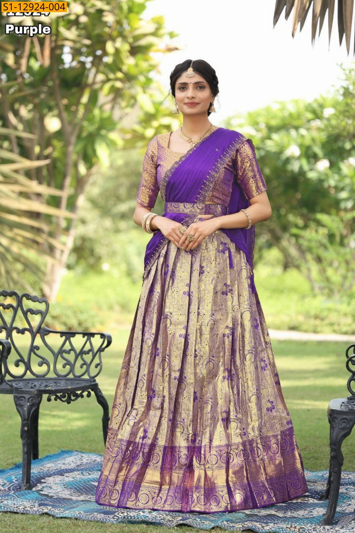 Purple Kanjivaram silk zari weaved lehenga saree