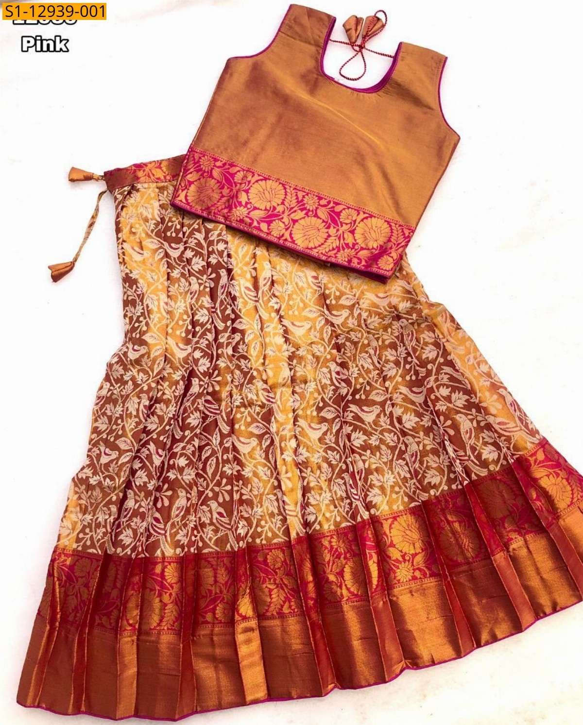 Pink Kanjivaram semi pattu silk kids lehanga