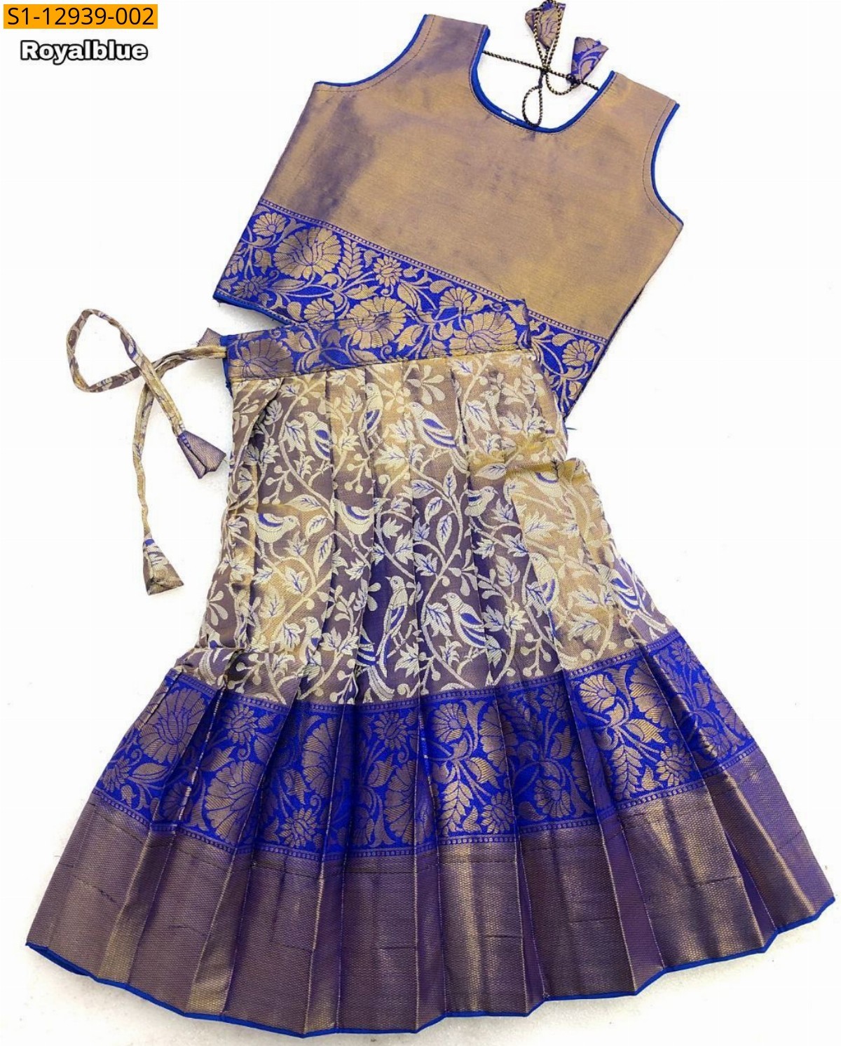 Royal blue Kanjivaram semi pattu silk kids lehanga