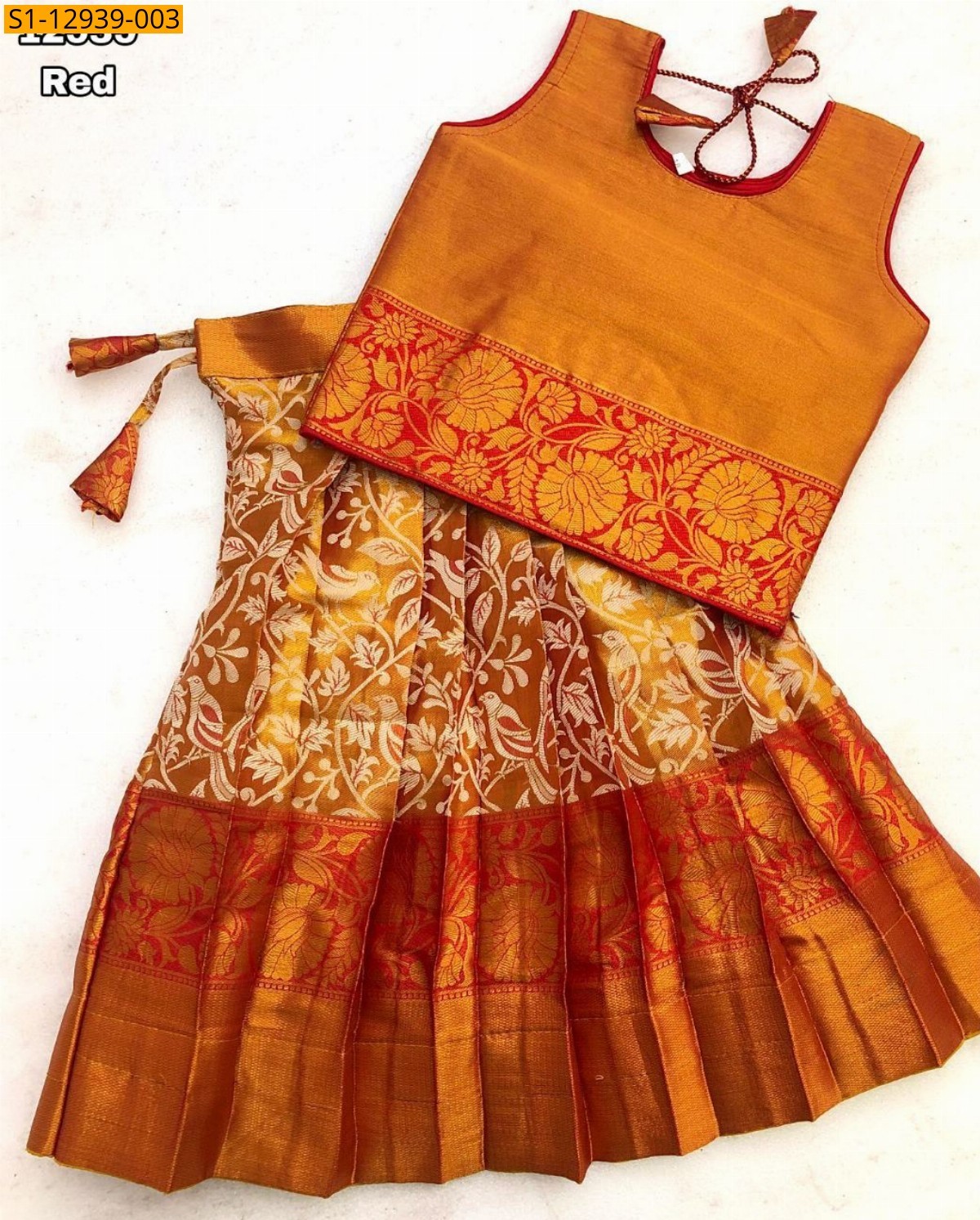 Red Kanjivaram semi pattu silk kids lehanga