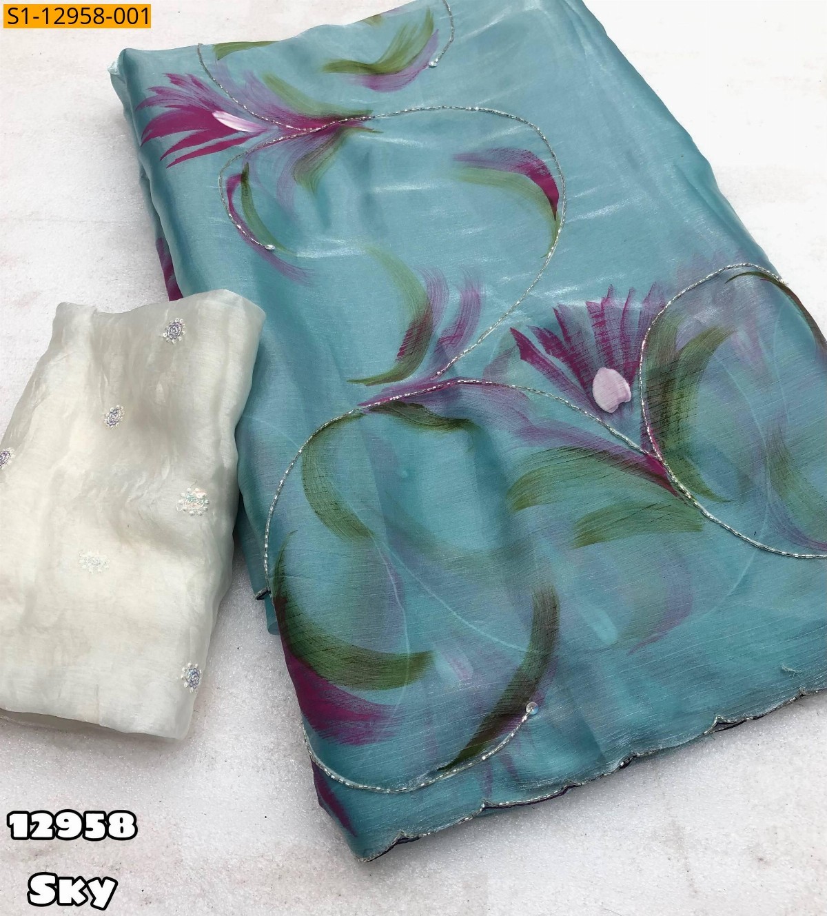 Sky Bulberry silk brush printed sarees
