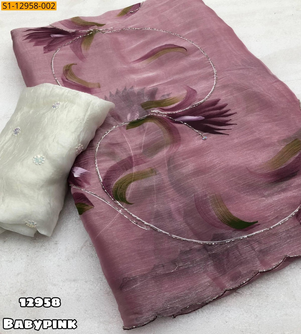 Baby Pink Bulberry silk brush printed sarees