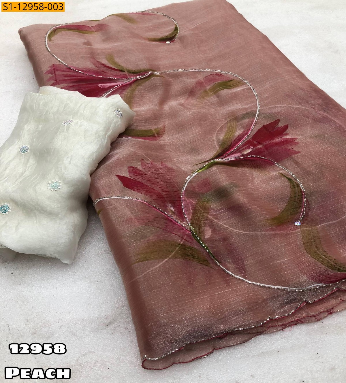 Peach Bulberry silk brush printed sarees
