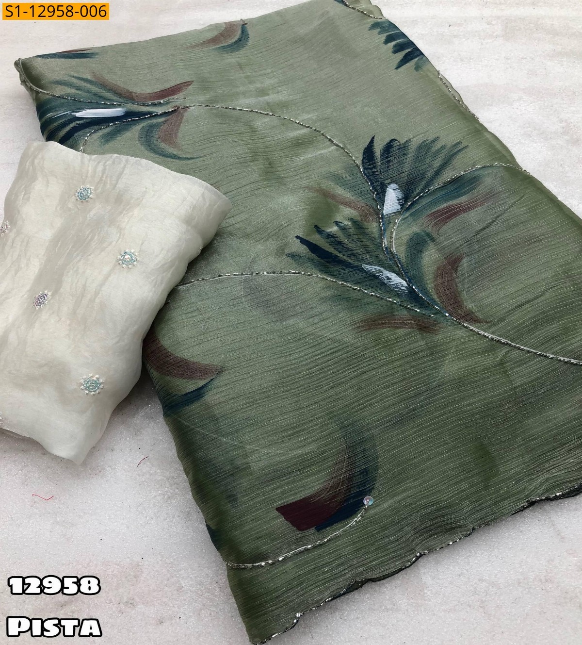 Pista Bulberry silk brush printed sarees