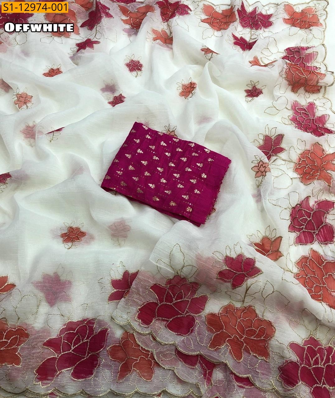 Off White Crunchy embroidery Saree