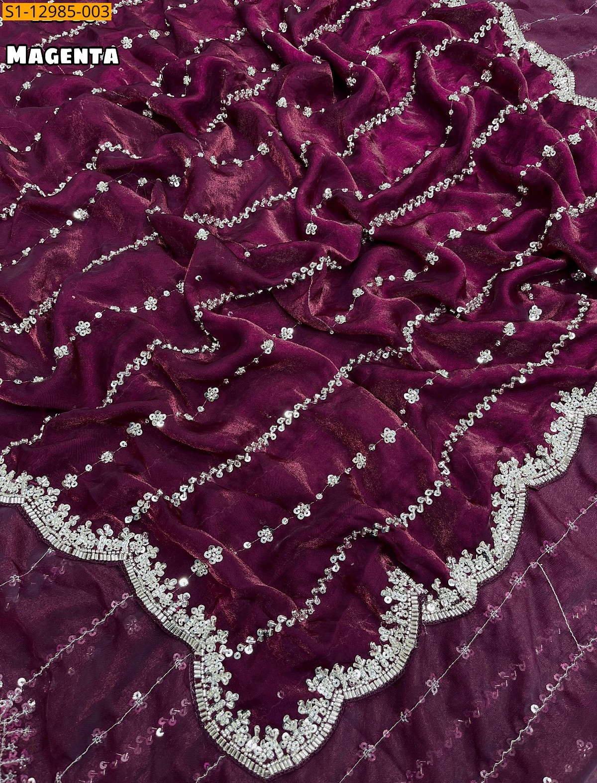 Magenta Space silk fendy satin handwork sarees