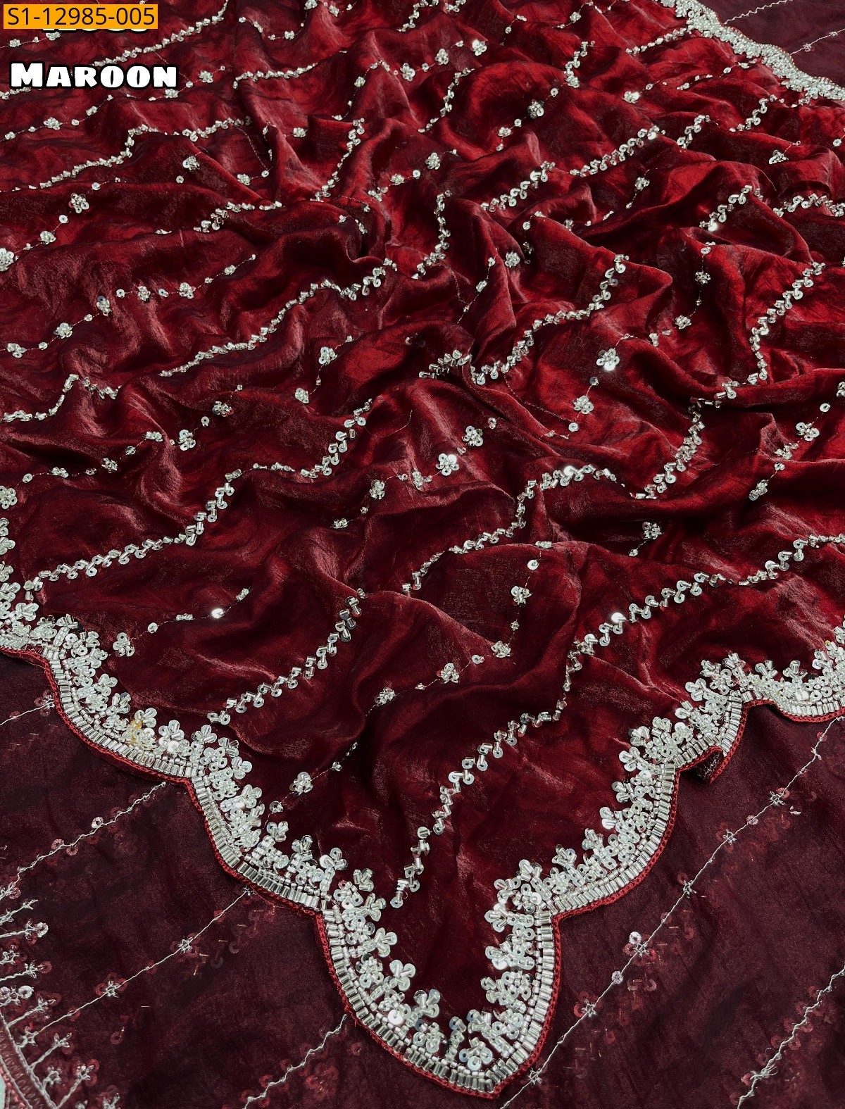 Maroon Space silk fendy satin handwork sarees