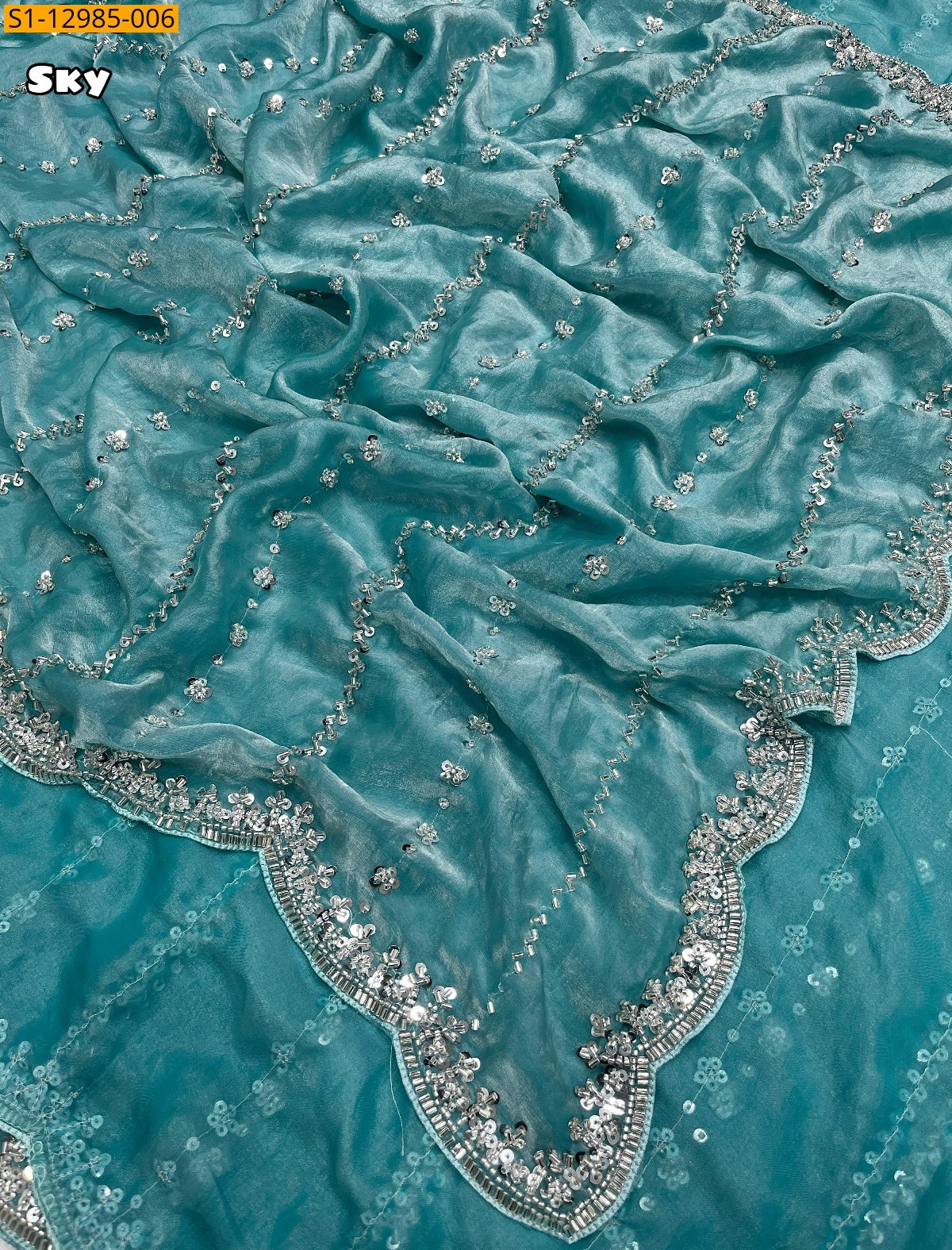 Sky Blue Space silk fendy satin handwork sarees