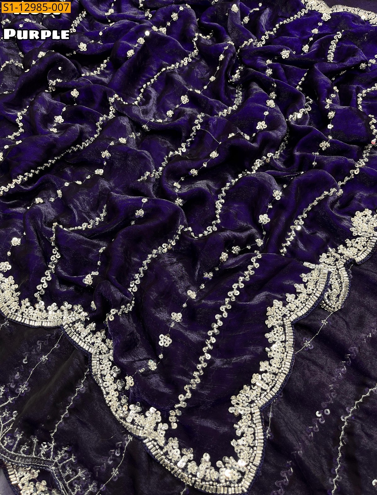 Purple Space silk fendy satin handwork sarees