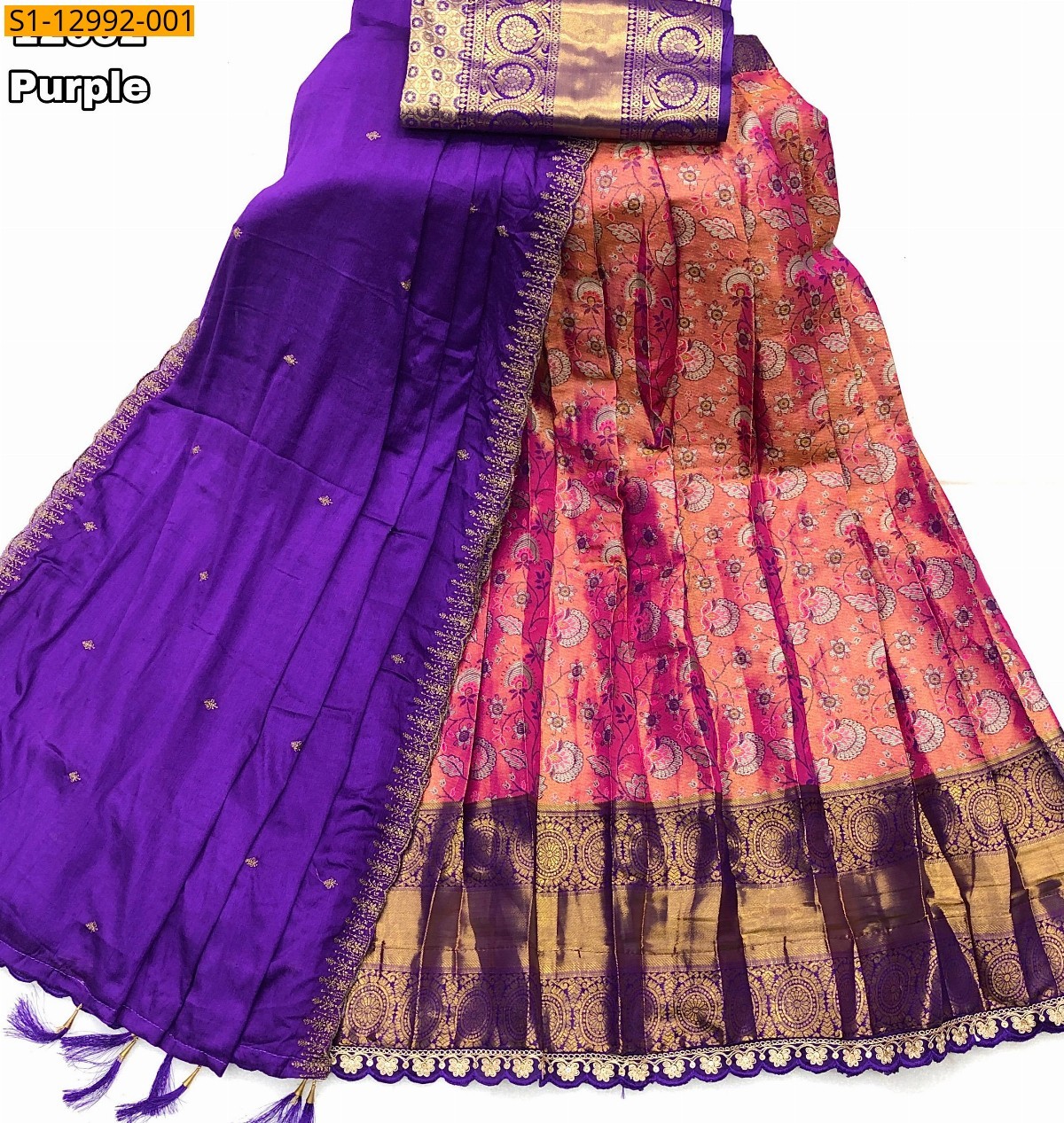 Purple Kanjivaram silk zari weaved lehenga saree