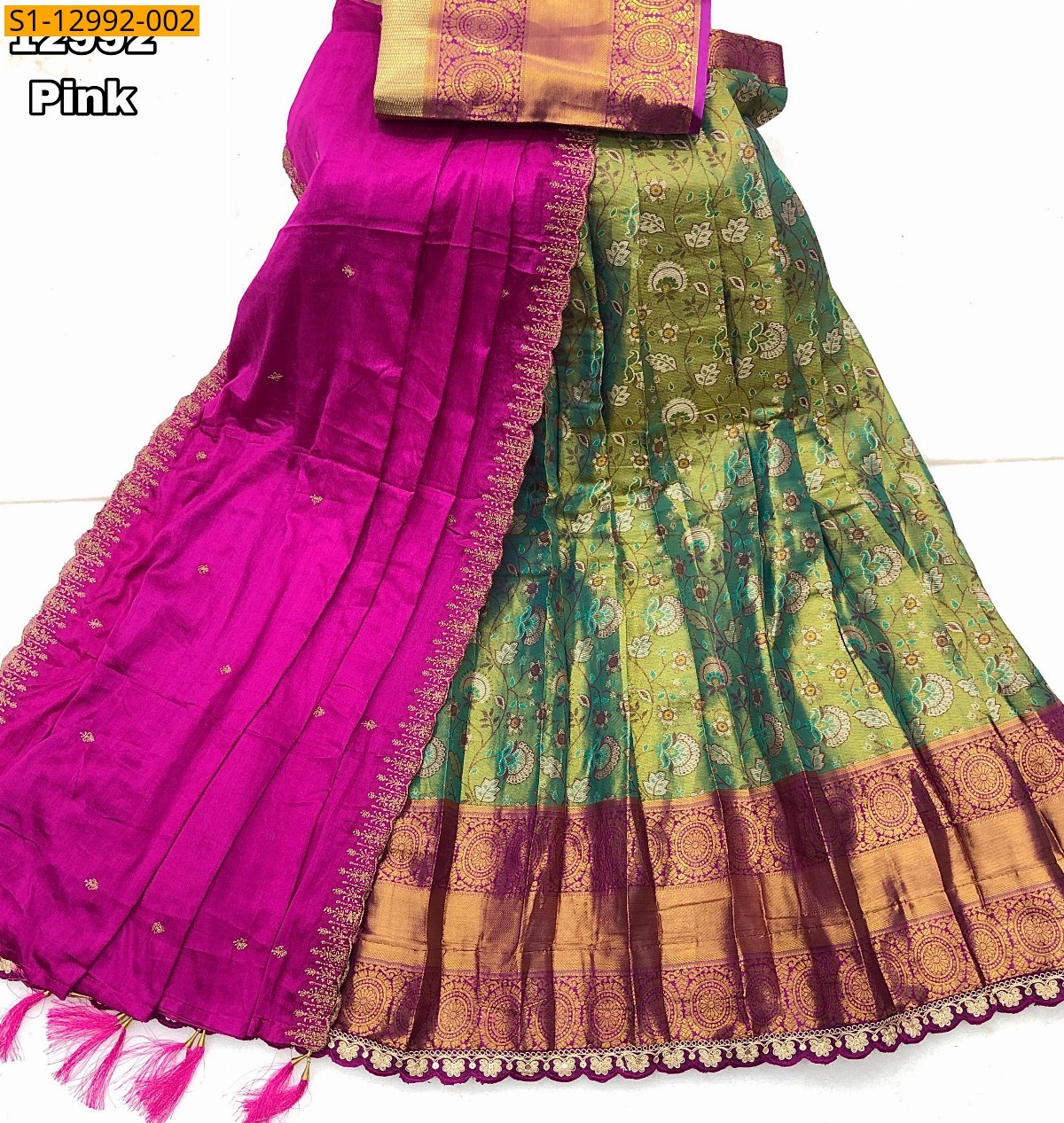 Pink Kanjivaram silk zari weaved lehenga saree