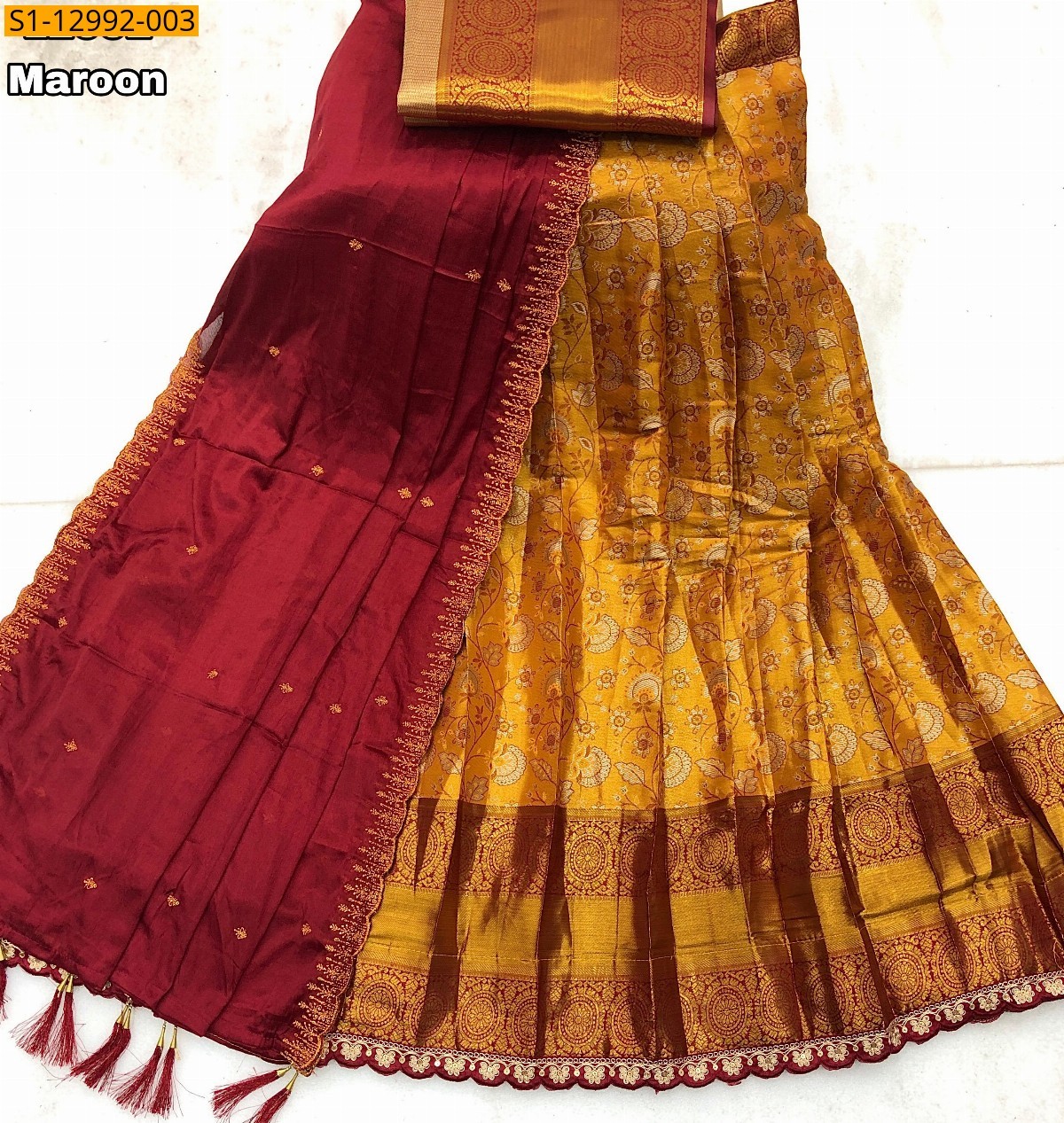 Maroon Kanjivaram silk zari weaved lehenga saree