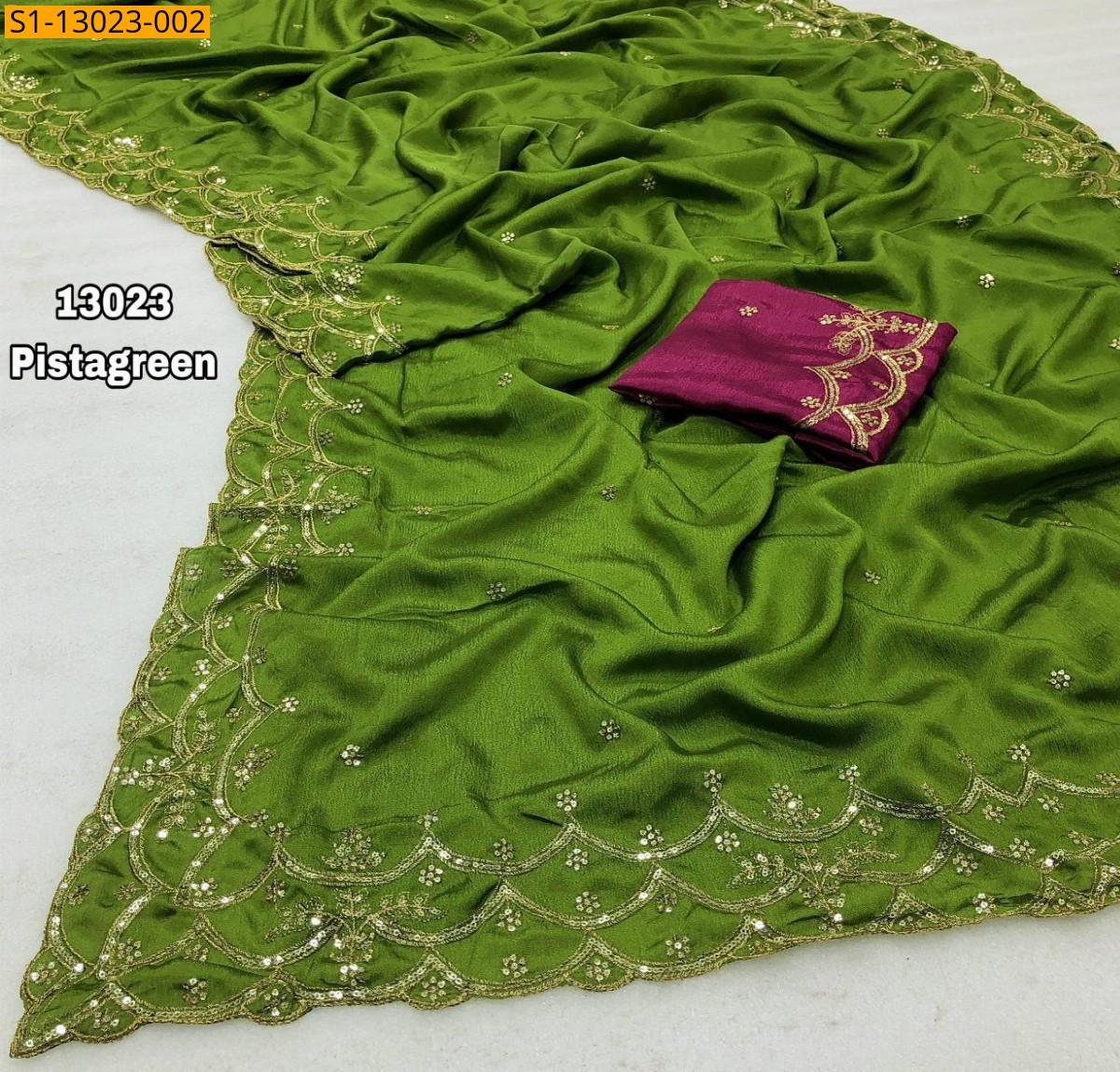 Pista green Fancy Soft Chinnon Saree