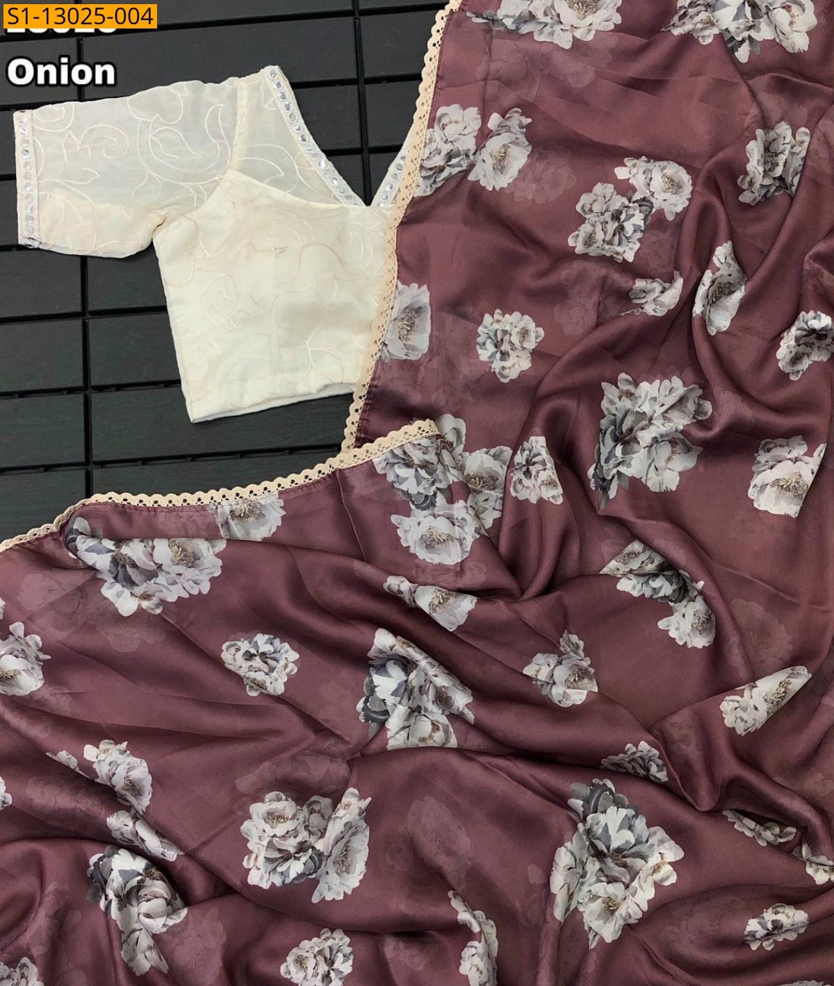 Onion pink Soft & smooth satin Georgette sarees