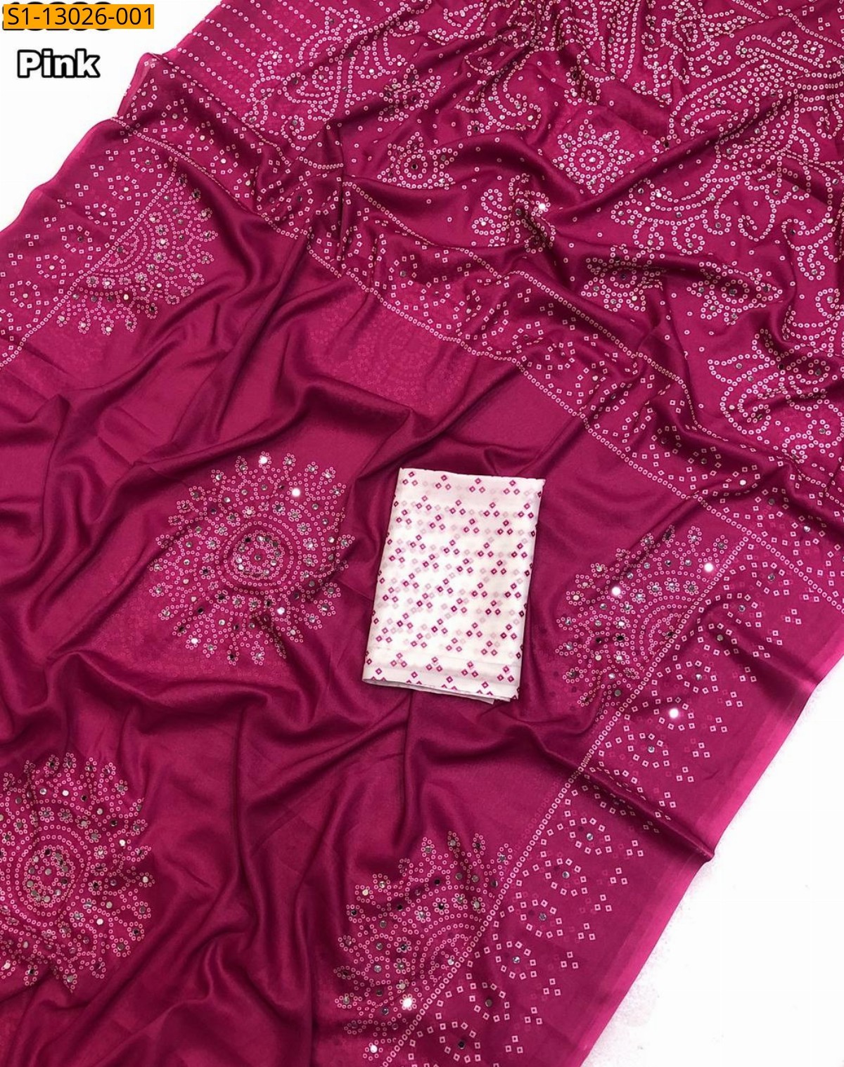 Pink Soft Crape Silk Bandani Print Saree