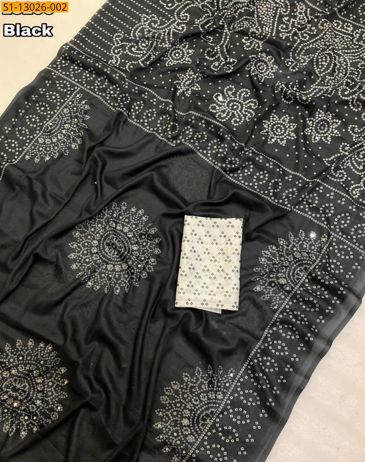 Black Soft Crape Silk Bandani Print Saree