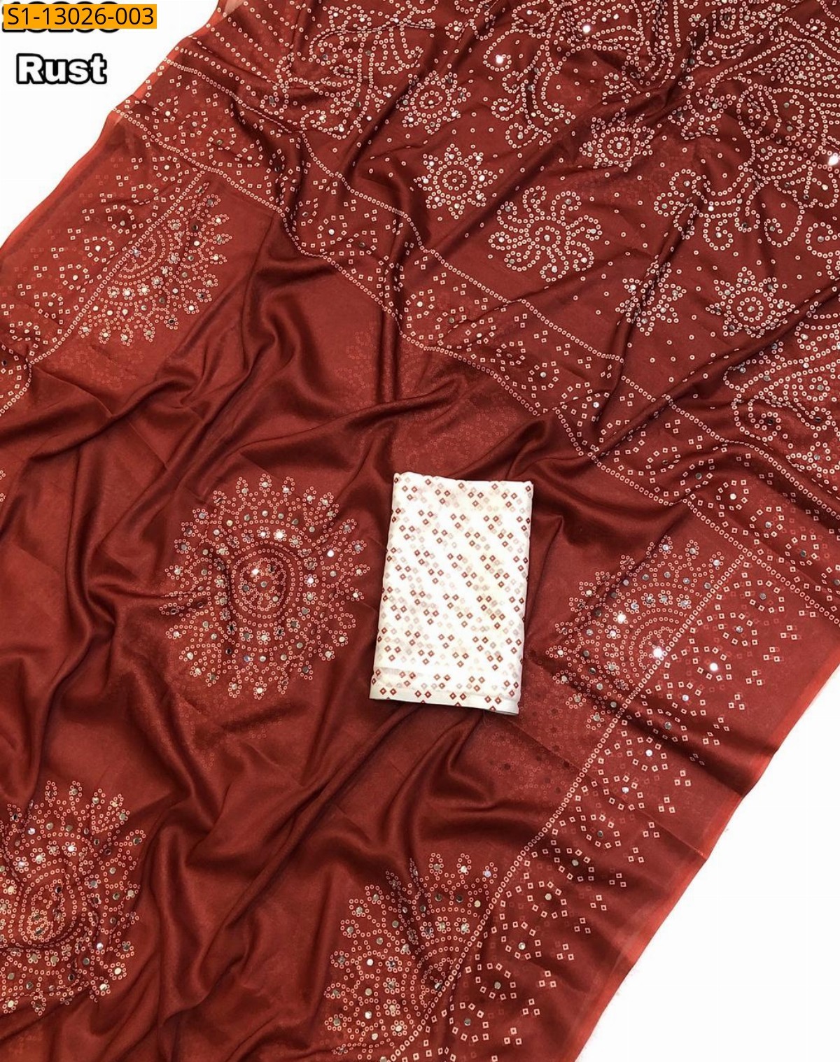 Rust Soft Crape Silk Bandani Print Saree