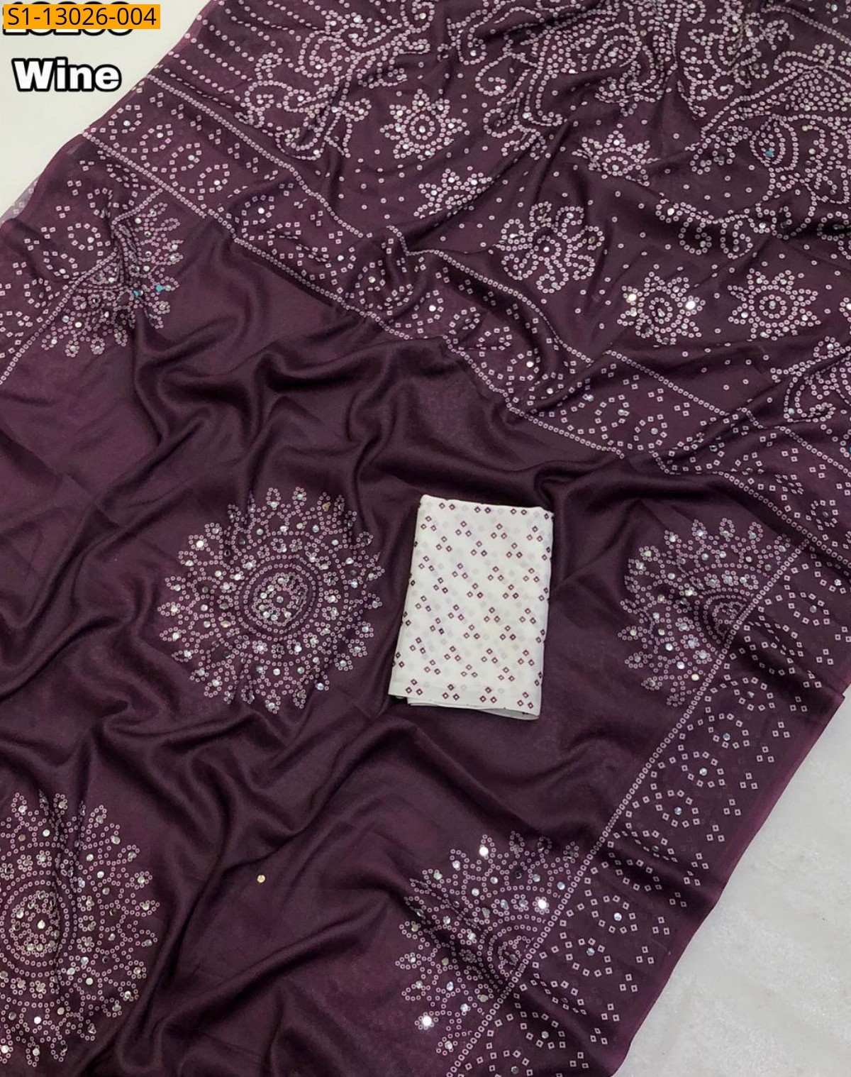 Wine Soft Crape Silk Bandani Print Saree