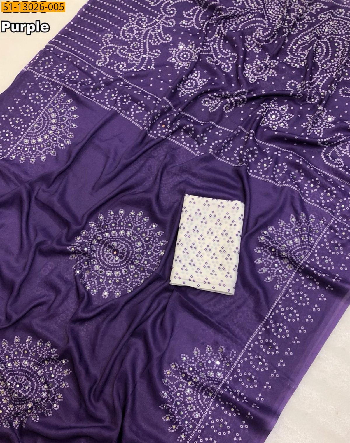 Purple Soft Crape Silk Bandani Print Saree