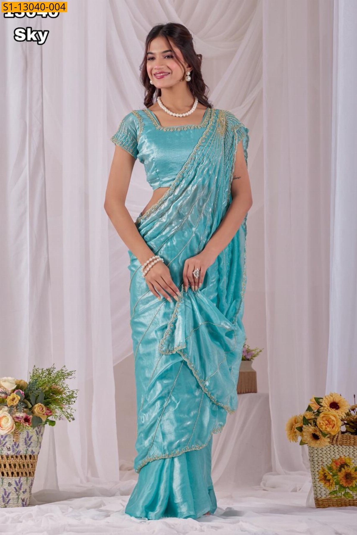 Sky blue Soft Space silk fendy satin Sarees