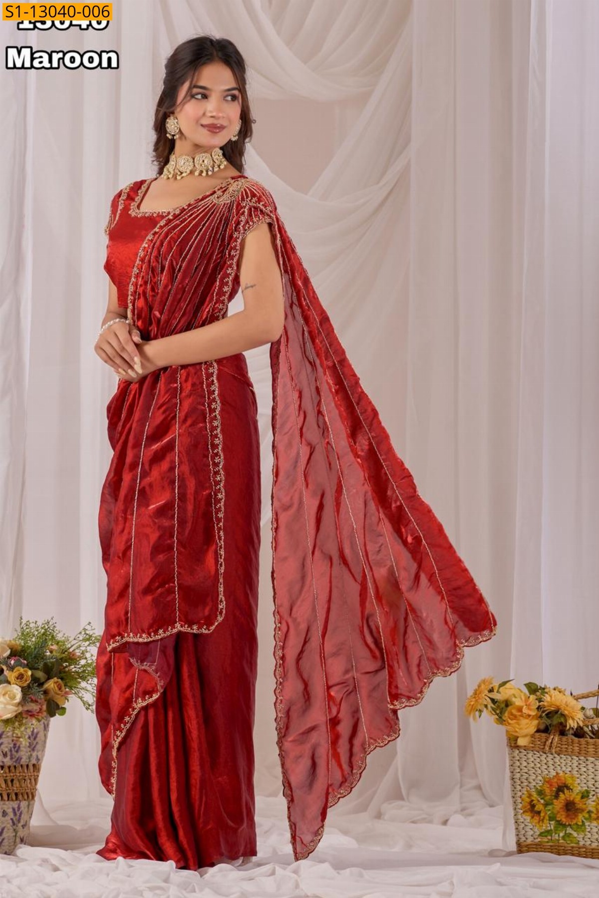 Maroon Soft Space silk fendy satin Sarees