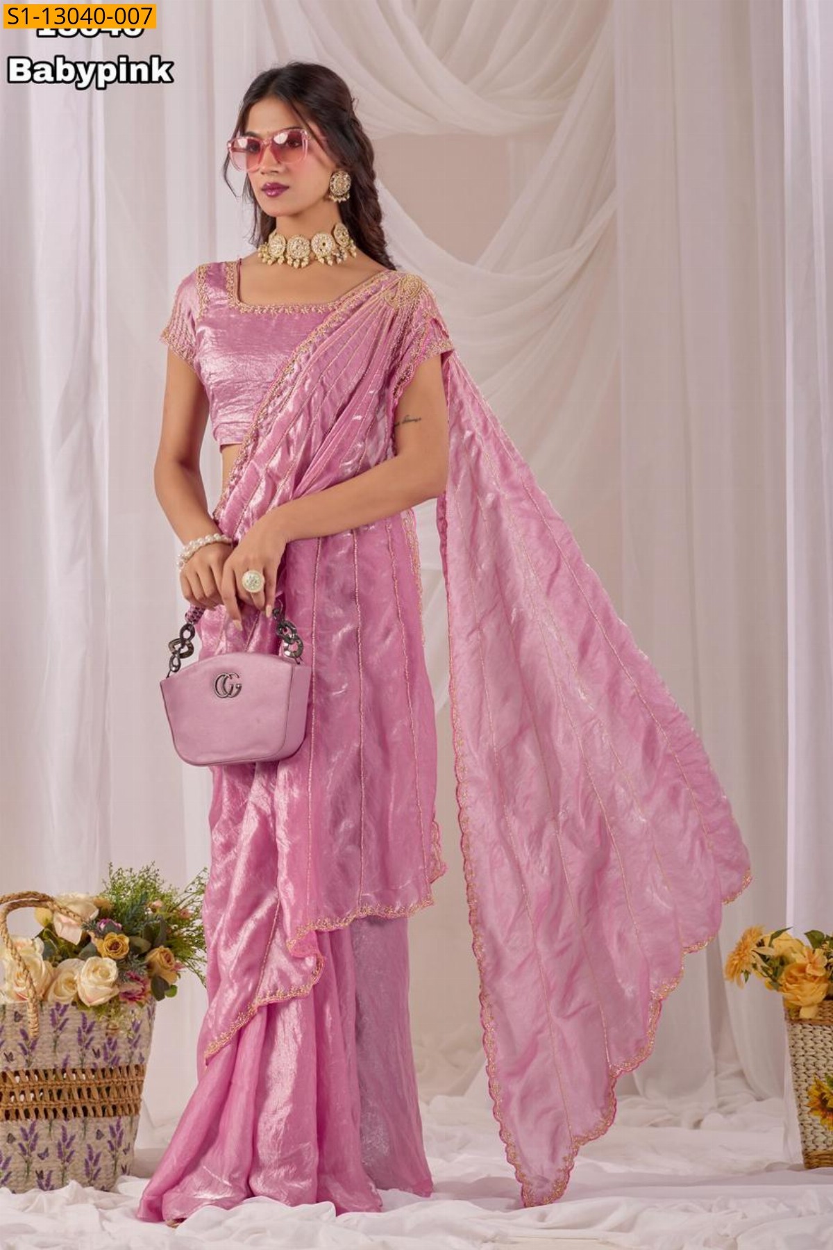 Baby pink Soft Space silk fendy satin Sarees