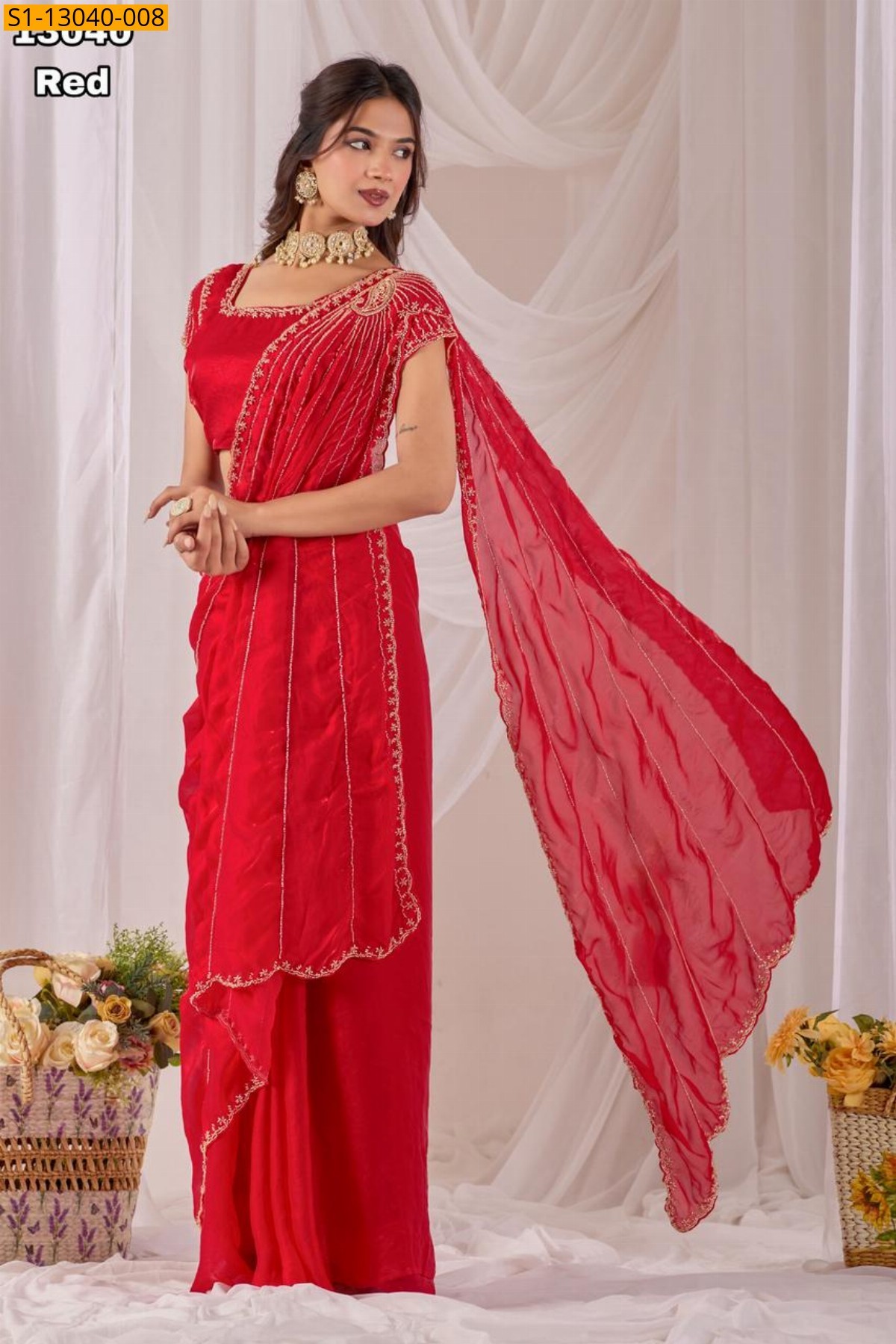 Red Soft Space silk fendy satin Sarees
