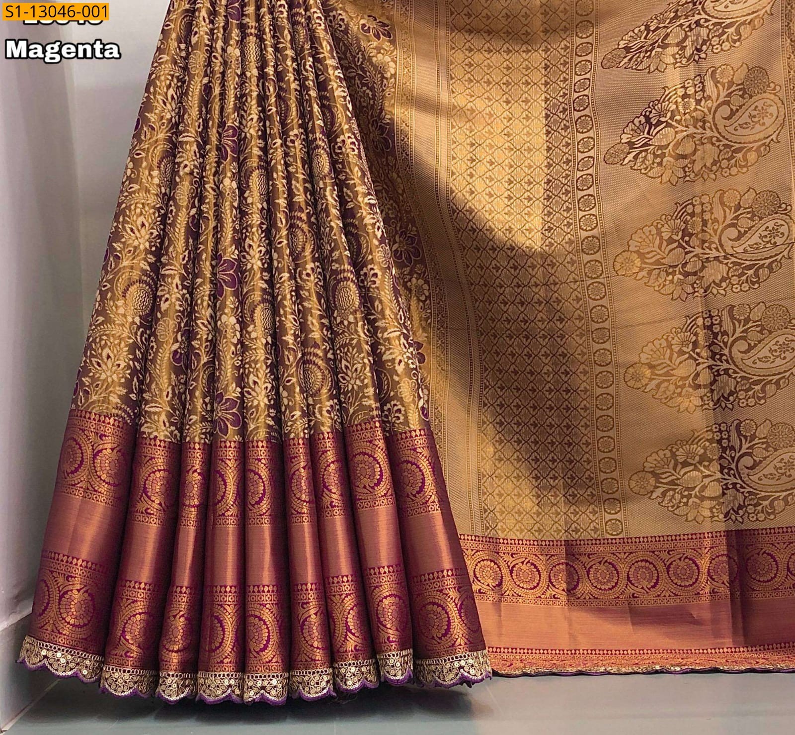 Magenta Kanjiviram pattu silk gold zari weaving saree