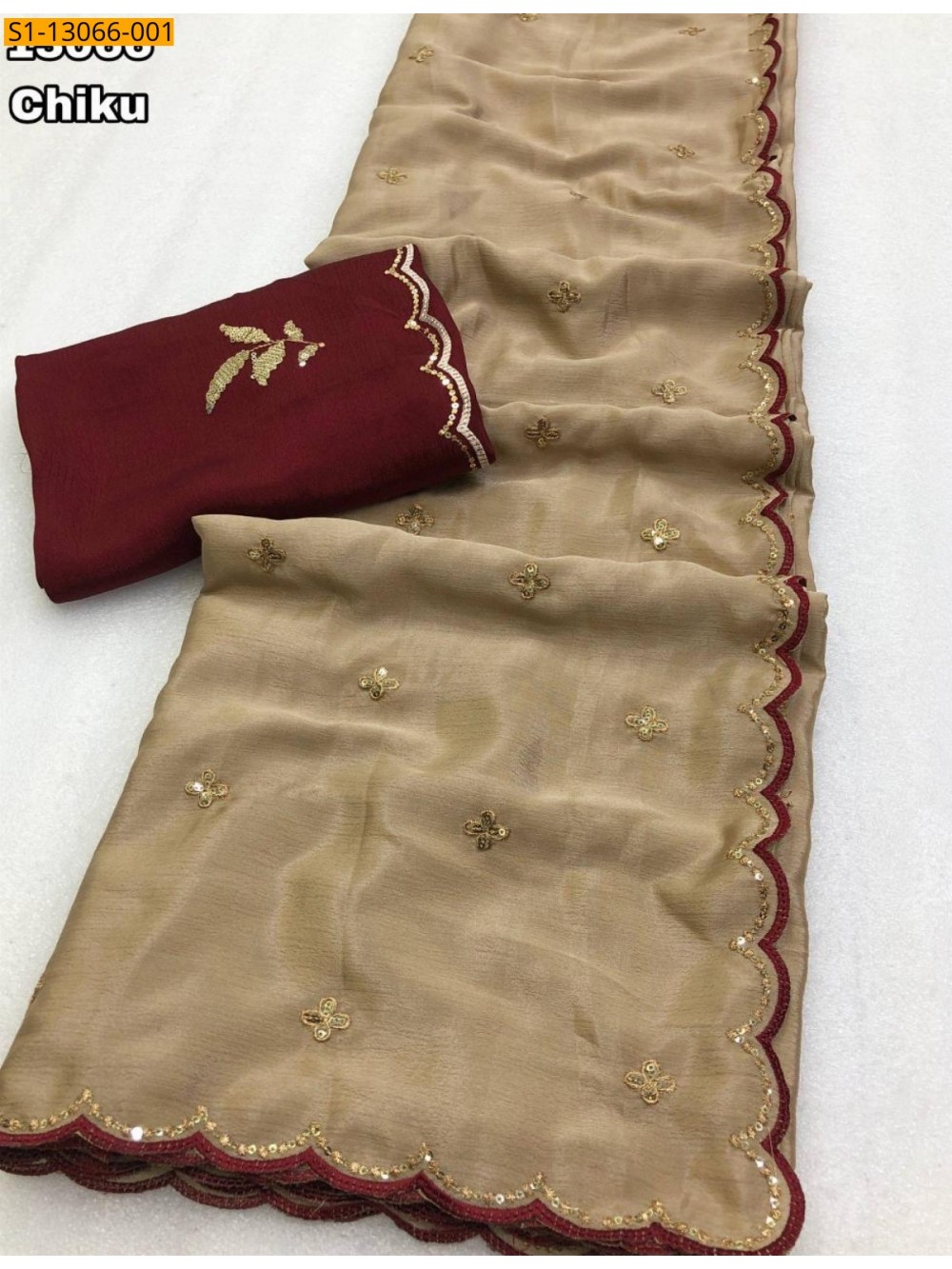 Fancy Soft Chinnon Embroidery Work Sarees