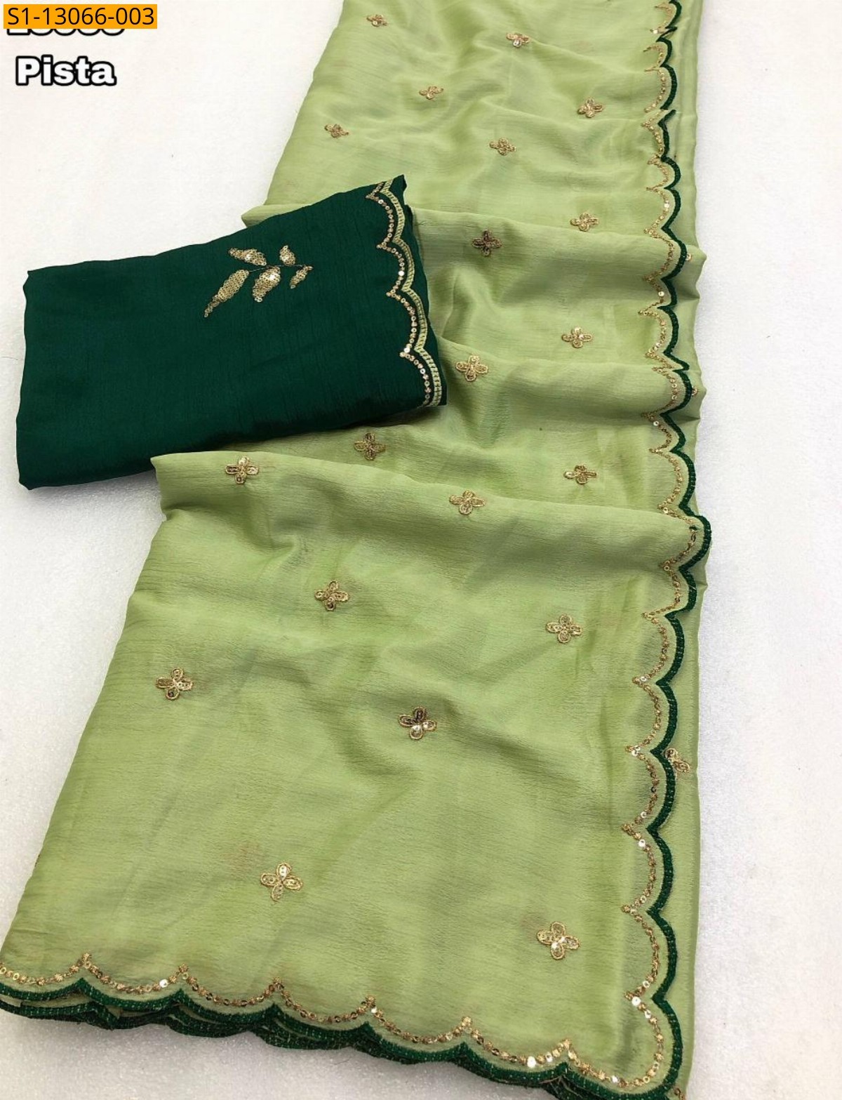 Pista green Fancy Soft Chinnon Embroidery Work Sarees