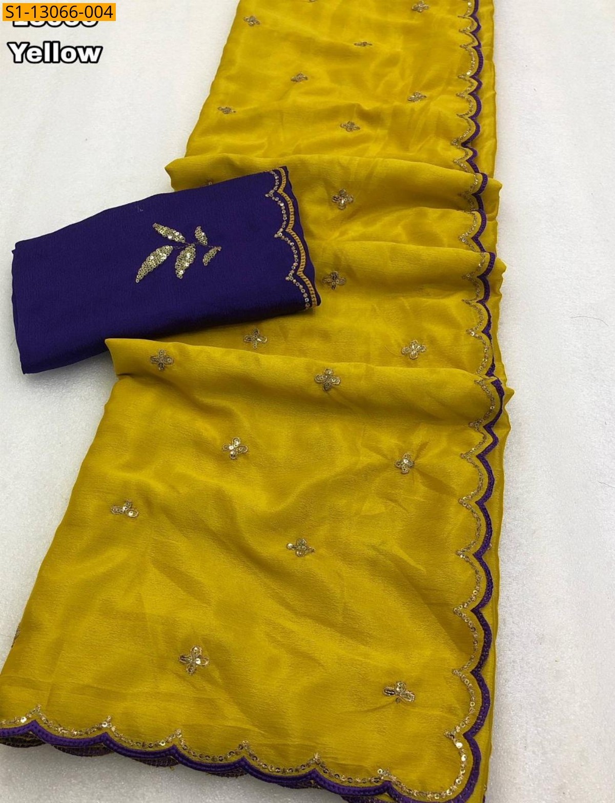 Yellow Fancy Soft Chinnon Embroidery Work Sarees