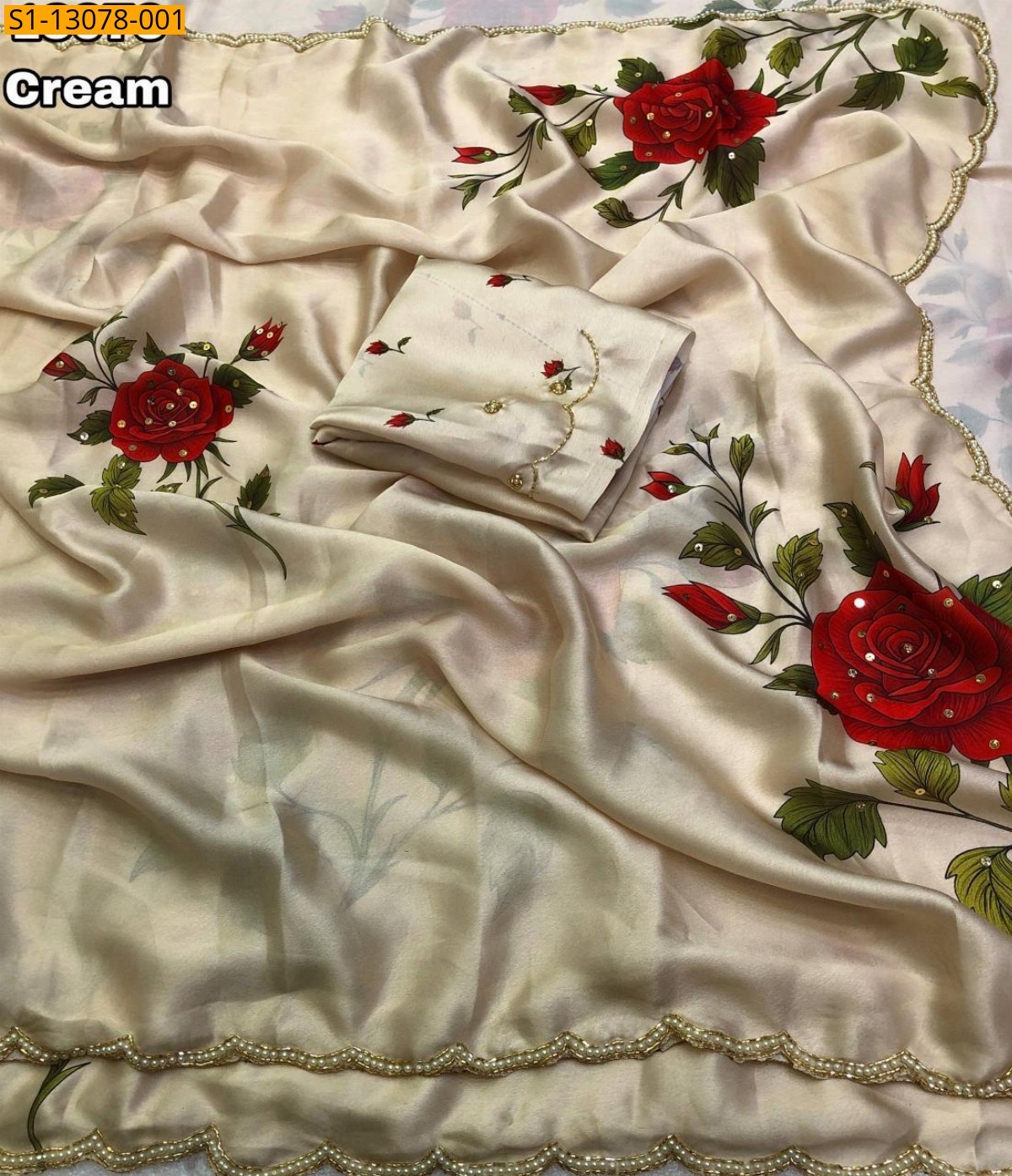 Cream Satin georgette floral printed saree