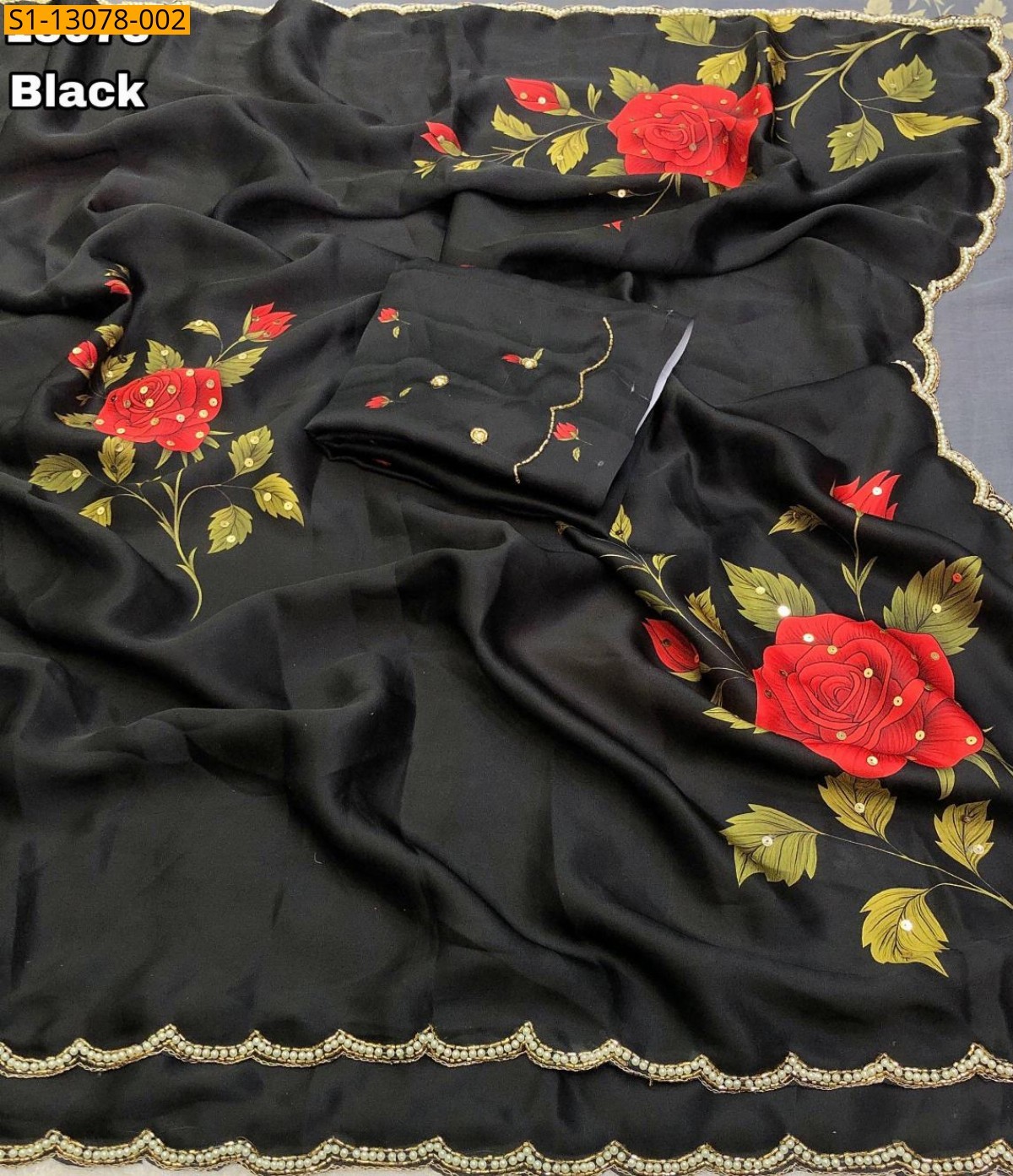 Black Satin georgette floral printed saree