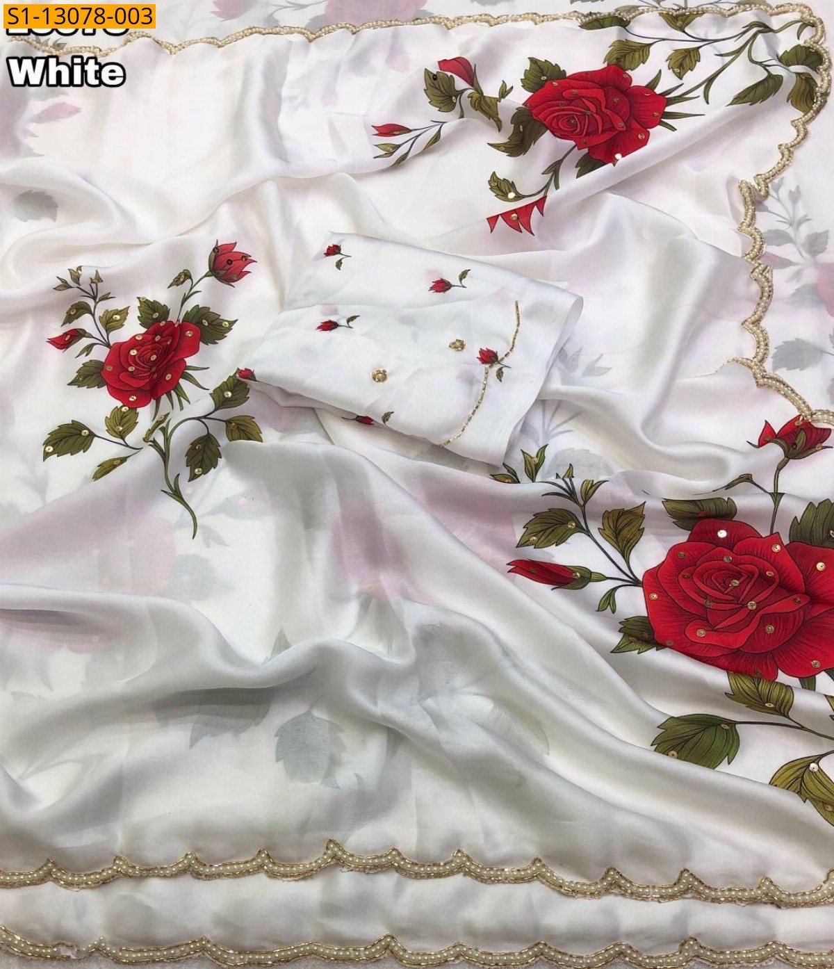 White Satin georgette floral printed saree